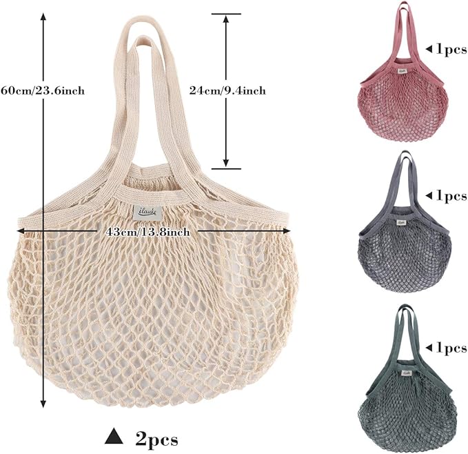 Lemonfilter Mesh Grocery Bags, 5 Pack Reusable Washable Cotton String Shopping Bag, Cotton Mesh Produce Bag with Long Handle Net Tote Bag for Fruit Vegetables Farmers Market Shopping (4 Color)