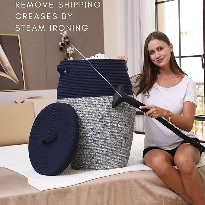 26"x20" Handcrafted Tall Cotton Rope Basket with Lid, Stylish Flagon Shape with Cover, Clothes Hamper with Top, for Bedroom and Living Room, Dark Blue Mix