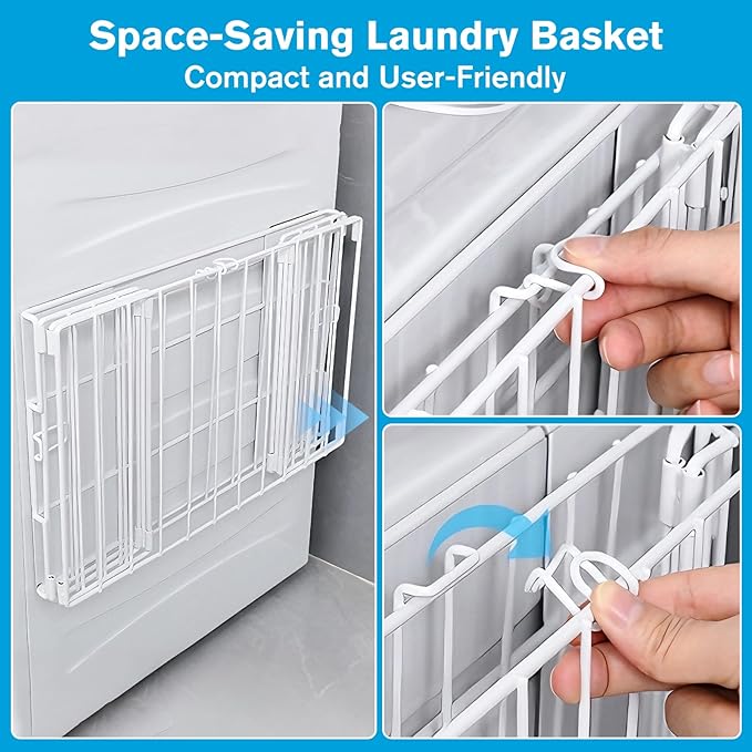Magnetic Collapsible Laundry Basket, Foldable Metal Laundry Hamper for Washing Machine Side, Space Saving Pop Up Hamper, Laundry Room Organization and Storage (White)