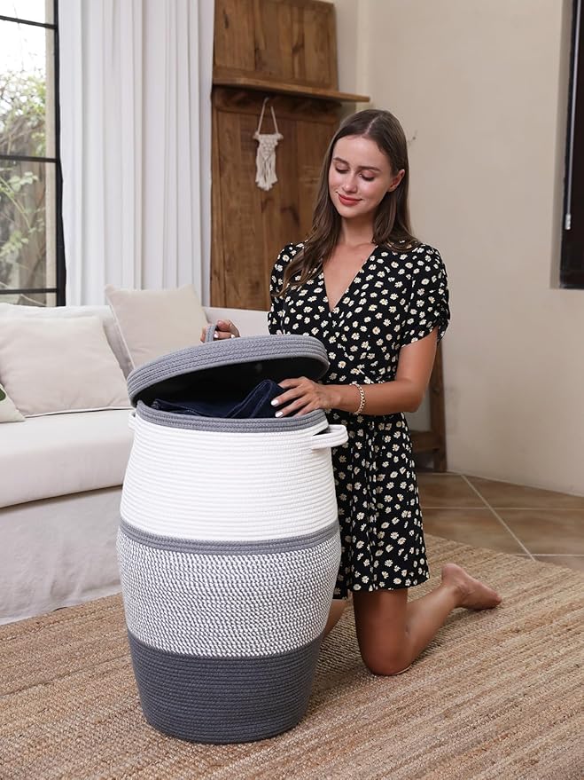 26"x20" Handcrafted Tall Cotton Rope Basket with Lid, Stylish Flagon Shape with Cover, Clothes Hamper with Top, for Bedroom and Living Room, White/Grey Mix/Dark Grey