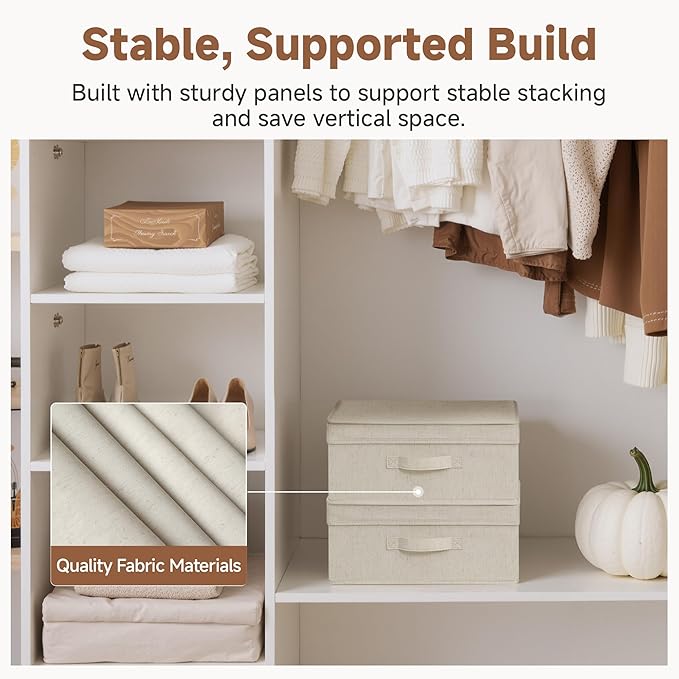 StorageWorks Closet Storage Bin with Lids, Decorative Storage Boxes with Handle, Fabric Storage Bins for Clothes, 15" x11¼x 6¼", Beige, 2-Pack