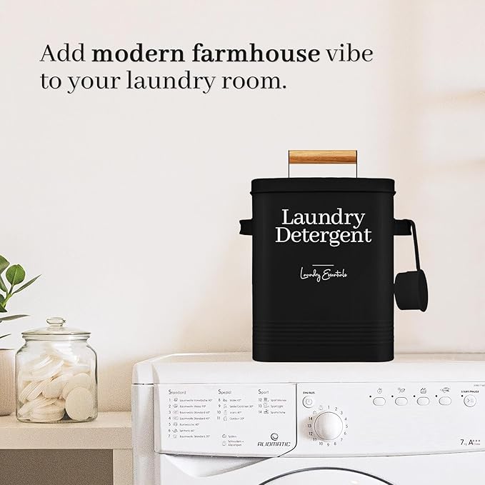 Simplation Modern Farmhouse Laundry Detergent Container for Laundry Room Decor and Accessories, Metal Laundry Pods Container, Laundry Powder Holder for Laundry Room Organization (Black)
