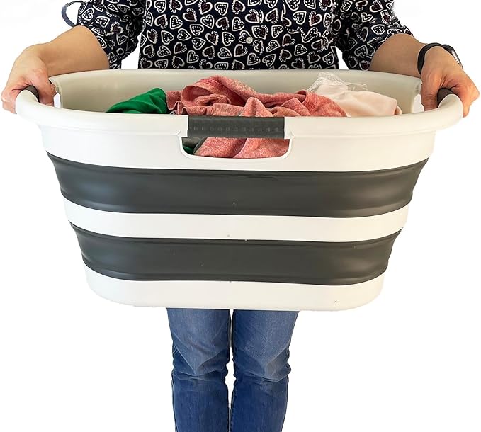 SAMMART 40L (10.5 gallon) Collapsible Plastic Laundry Basket - Foldable Pop Up Storage Container/Organizer - Portable Washing Tub - Space Saving Hamper/Basket (2, Grey/Washed Black)