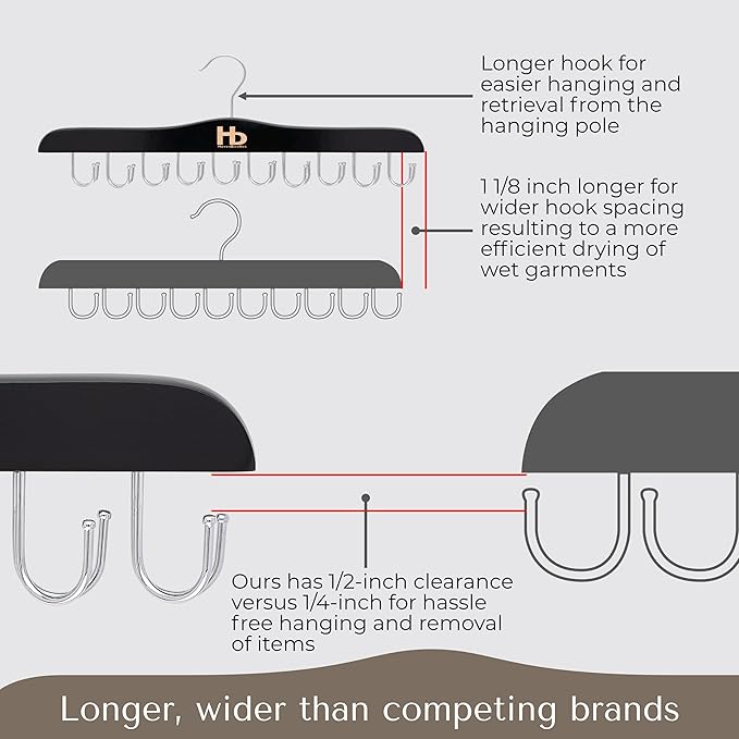 Large Bra Hanger and Bra Organizer for Closet – Tank Top Hanger Space Saving for House, Dorm, Apartment - Foldable Wooden for Closet Organizer– with 20 Hooks, Lotus Wood, Black, 2 Pack