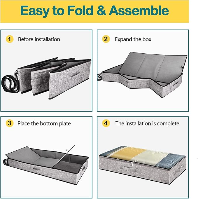 Underbed Storage Containers, Underbed Clothes Organizer Bins with Sturdy zipper, Foldable Under the Bed Storage Bags for Organizing Clothes, Shoes, Blankets, Quilts, Toys, 2 Pack Grey