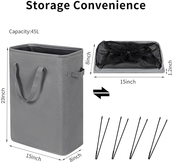 ZERO JET LAG Slim Laundry Hamper With Handles Collapsible Laundry Basket Thin Dirty Clothes Basket Narrow Laundry Bag Foldable Dirty Cloth Hamper 45L (23 inches,Grey)
