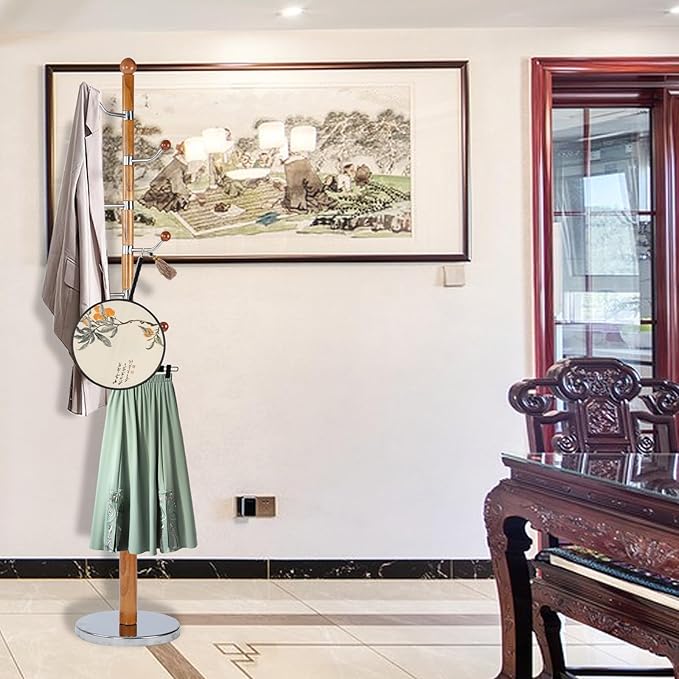 Coat Rack Freestanding, Wooden Tree Coat Rack Stand with 3 Adjustable Sizes Coat Tree and 11 Hooks, Sturdy Hall Tree with Solid Round Base for Entryway, Hallway,Bedroom (Solid Wood Metal Hook)