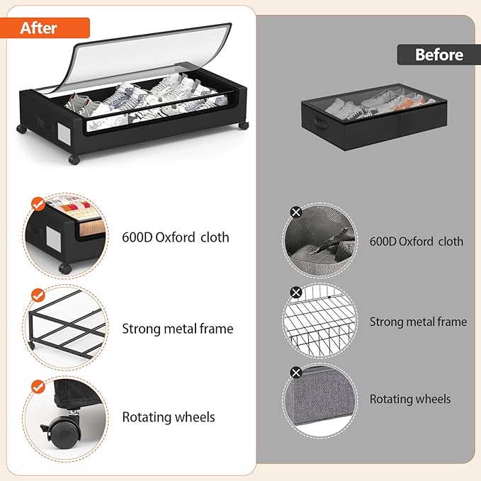 Under Bed Storage Containers with Wheels - Foldable Organizer Bins for Blankets, Clothes, Shoes, Toys, and Comforters.Capacity, Space Saving, Easy Pull Out, Clear PVC (black-2)