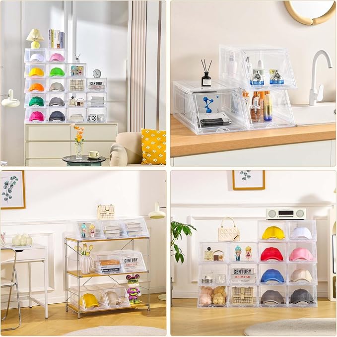 4 Pack Hat Organizer for Baseball Caps,Large Clear Cap Organizer with Drawer,Hats Holder Box for Closet with Sliding Tray,Stackable Hat Rack Display Case,Multi-use Hat Case for Caps,Each Holds 12 Hats