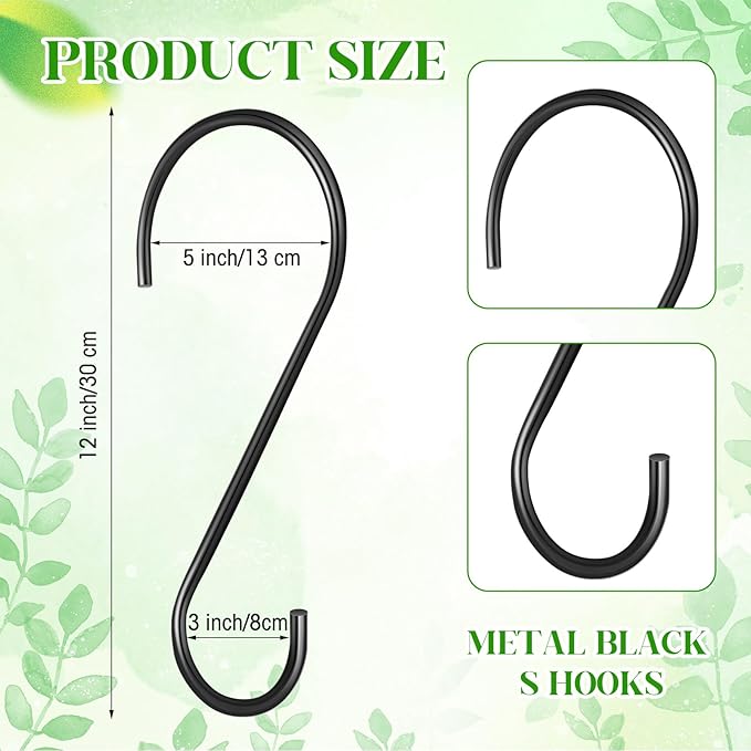 3 Pack 12 Inch Large S Hooks for Hanging Plants, Heavy Duty Black Metal Hangers for Pergola Garage Organization Bird Feeders Closet Rod Vinyl Coated Non Slip Utility Hooks