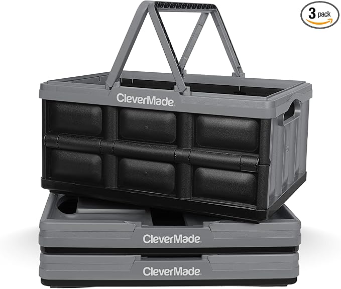 CleverMade Collapsible Shopping Basket 32L, 3 Pack – Folding Grocery Basket with Handles, Stackable Reusable Storage Crate with 35 lb Capacity, Recycled Plastic, Car Trunk Organizer- Stone Gray