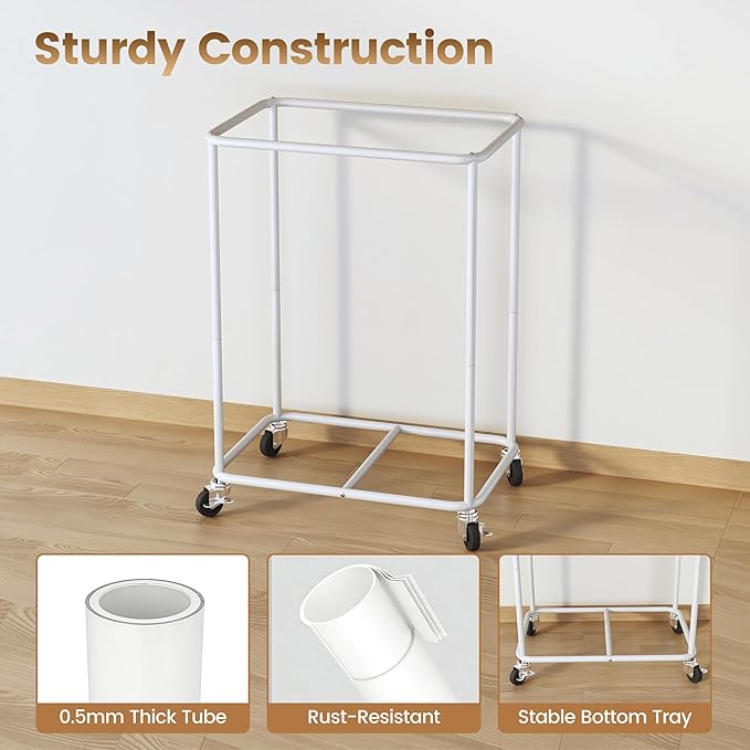 Homeiju 180L Large Laundry Hamper with Wheels, Rolling Laundry Basket with Metal Frame and Removable Bag Design, Dirty Clothes Laundry Cart for Bathroom, Dorm Room, Laundry Room, White
