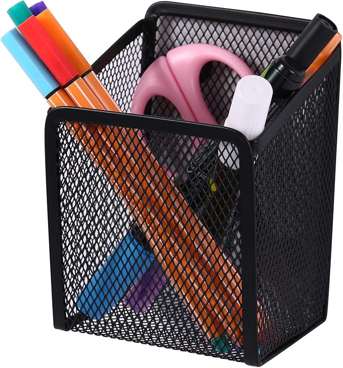 Large Magnetic Pen Holder, Magnetic Basket 4 Strong Magnet Pencil Holders Locker Accessories for Refrigerator Whiteboard Black(3.7x2.7x5 In)