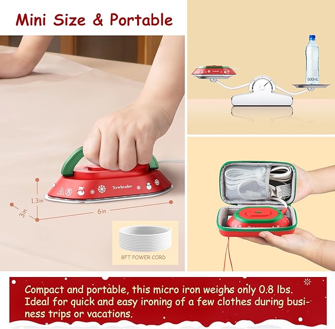 Newbealer Travel Iron, Global Voltage 100-240V, 302℉ Mini Dry Iron for Clothes (No Steam), Max 300W, 60s Heat Up, 0.8lb Lightweight Gift (Classic Red with Hard Case)