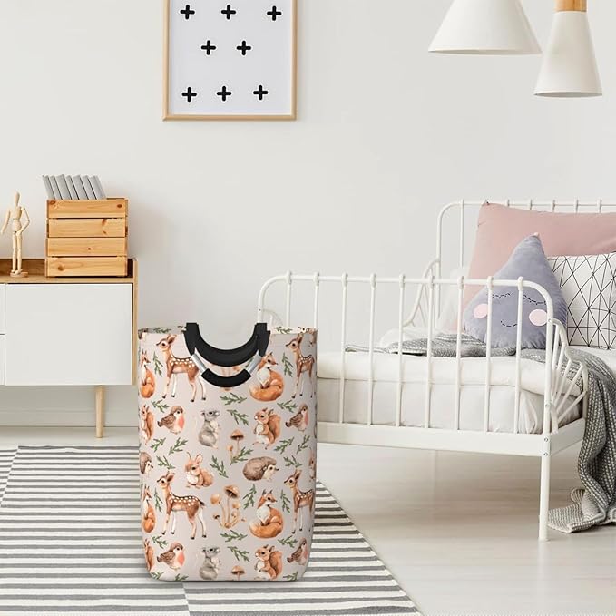 Forest Little Animals Laundry Hamper Deer Squirrel Fox Hedgehog Bird Storage Basket Toys Clothes Organizer Bin For Home Bathroom Bedroom Dorm Nursery, 52l