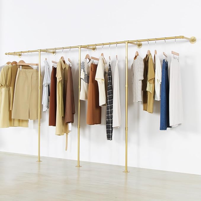 Gold pipe clothing rack for Hanging Clothes rack with 3 T-Bar Design,Nano Gold Finish, Heavy Duty industrial clothing rack wall mounted,Retail Display Rack Closet Storage Clothes Organizer