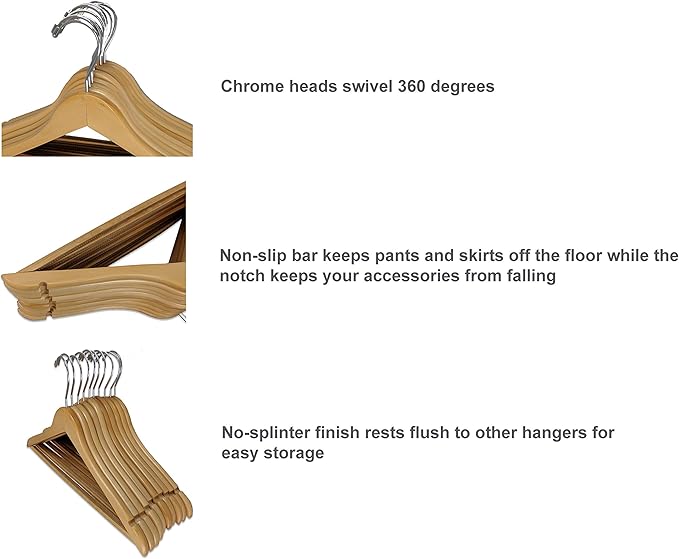 Pillowtex Wood Suit Clothes Closet Hanger w/Non-Slip Bar - Set of 10 Natural Finish Hangers