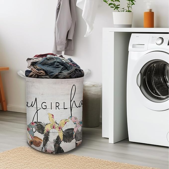 Farmhouse Cow Laundry Basket, Hay Girl Hay Waterproof Collapsible Laundry Hamper Dirty Clothes Storage Toy Bin Organizer for Girls Kids Room Bathroom Bedroom Nursery