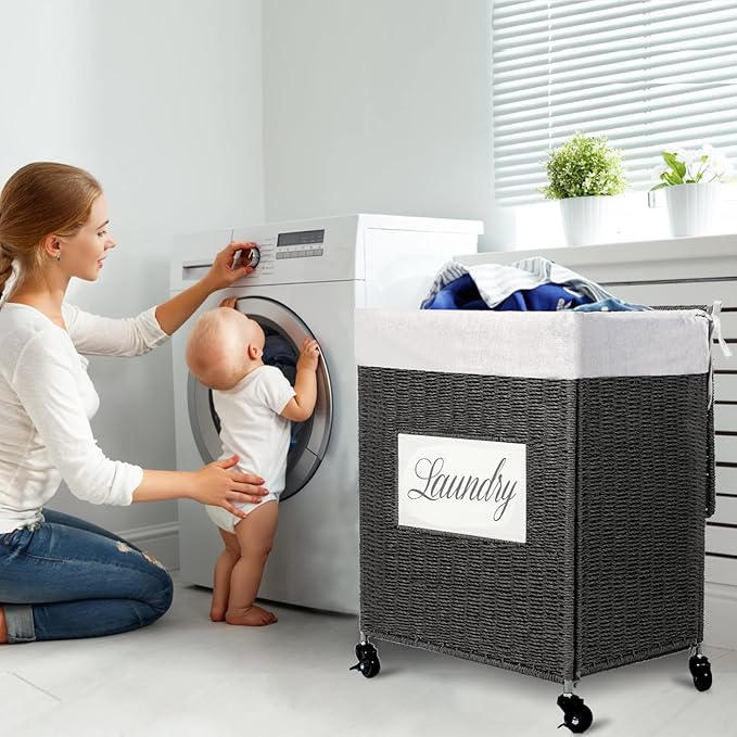 Mxfurhawa Laundry Basket, Heavy Duty Cotton Liner Laundry Storage Hamper with Handles, Collapsible Clothes Wire Basket Organizer Laundry Bag (2PCS-89GY-H)