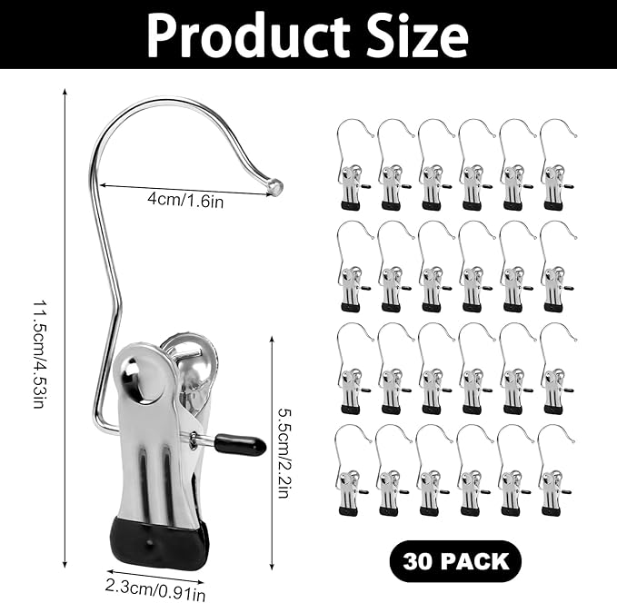 JINGIHE 30 Pack Laundry Hook Hangers Clothes Hanger Clips for Closet Organizer, Stainless Steel Heavy Duty Clothespins Bulk Boot Hanger Clips for Travel Pants Socks Handbags Hats Belt Towels Jean