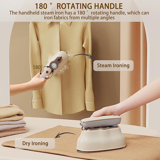 Portable Ironing Machine, Foldable Wet Dry Dual-Purpose Large Panel Steam Iron, 180 ° Rotating Handle High-Power Hanging Iron Machine without Selecting Fabrics or Occasions (Beige)