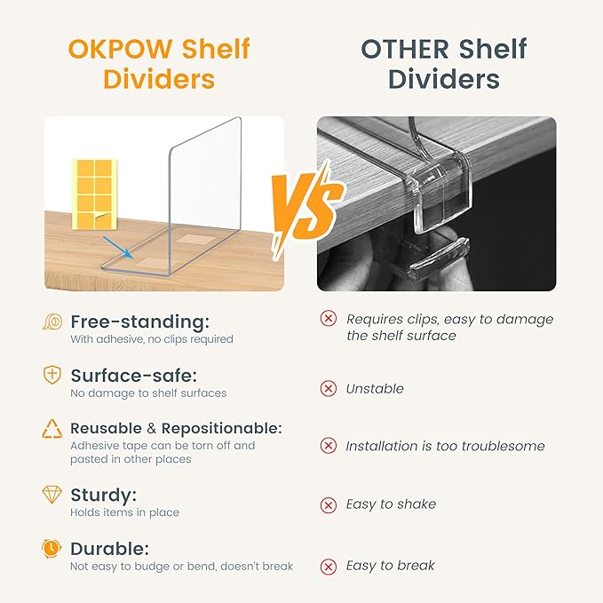 OKPOW Shelf Dividers for Closet Organizer: 12 Inch Tall Acrylic Clear Closets Organization Storage for Sweater Clothes Bag Purse Towel - 12 Pack Adjustable Plastic Vertical Separators for Wood Cabinet
