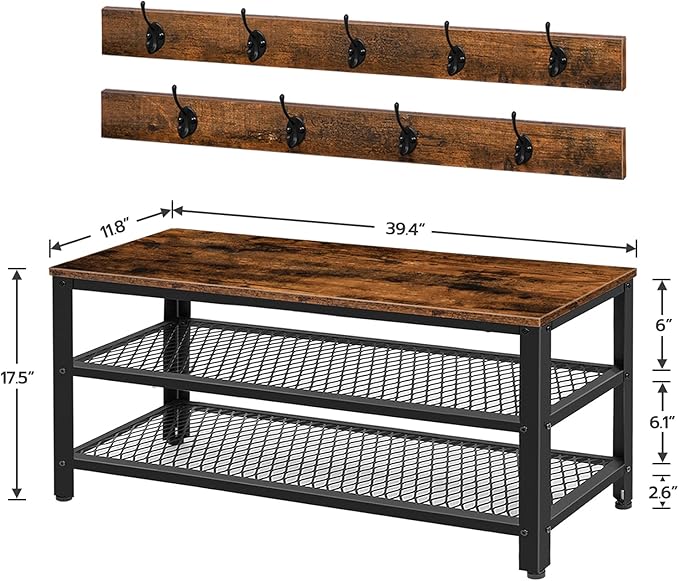 HOOBRO Hall Tree Entryway Storage Bench, Coat Rack Shoe Bench, Shoe Rack Organizer with Coat Hooks, 3-in-1 Design, Wooden Furniture with Metal Frame, Rustic Brown and Black BF171MT01