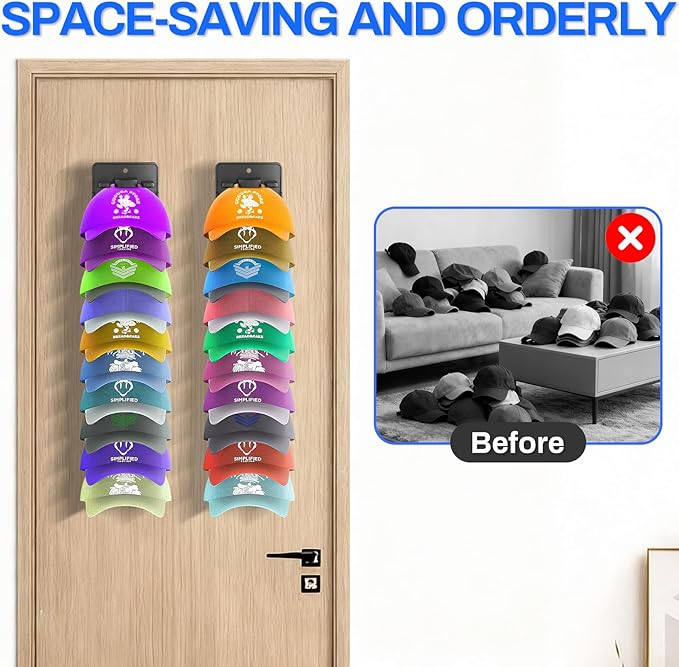 Hat Organizer for Baseball Caps, 2 Pack Hat Rack for Wall Door Closet Hold Up to 20 Hats, Spring Clip Hat Holder On Wall, Wall Mounted Hat Rack for Door Closet Bedroom (Adhesive or Screw Mount)