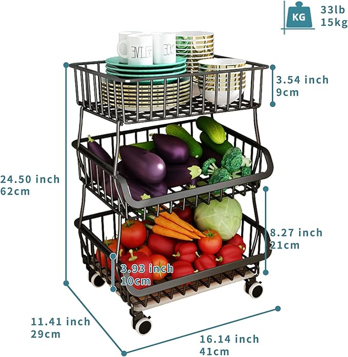 Metal Wire Baskets with Wheels, Stackable Storage Bins Kitchen Organizer Shelf 3-4-5-6 Tier Fruit Vegetable Cart Dishes Seasonal Rack Shelves for Garage, Pantry, Bathroom and Produce holder