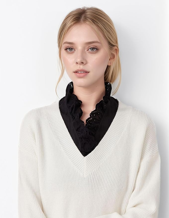 Victoria Cotton Shirts Elegant Ruffle Collar V Neck Dickey Mock Turtleneck Faux Collars for Women Girls