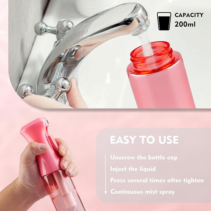 Continuous Spray Bottle for Hair, 2 Pack Pink 6.8oz Mister Spray Bottle, Hair Spray Bottles for Hairstyling, Cleaning, Plants, Pets, Salons & More