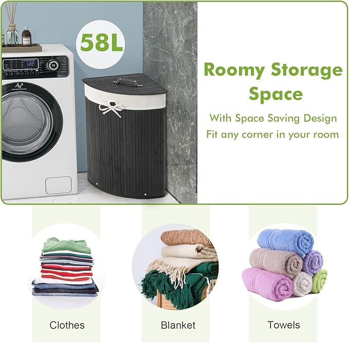 Giantex Corner Laundry Hamper with Lid, 58 L Bamboo Laundry Basket with Removable Liner & Handle, Triangle Clothes Hamper for Small Spaces, Bedroom, Bathroom, Laundry & Living Room (Black)