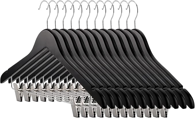 Tosnail 12-Pack Wooden Pants Clothes Hangers, Wooden Suit Hangers with Steel Clips and Hooks, Natural Solid Wood Collection Skirt Hangers, Standard Clothes Hangers - Black