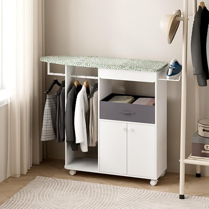 Rolling Ironing Board with Storage Cabinet, Wooden Ironing Board Cabinet with Drawer, Compact Space-Saving Ironing Table with Iron Rest Rack for Laundry Room, Living Room (One Size, Leaf)