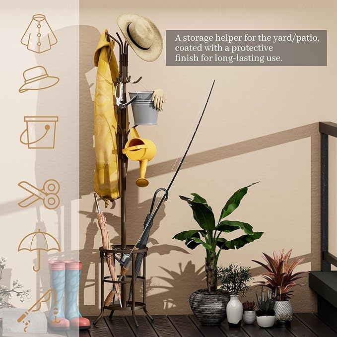 Coat Rack Freestanding With Umbrella Holder – Metal Hall Tree with 12 Hooks, Entryway Organizer for Hats, Bags, and Clothes (Brown)