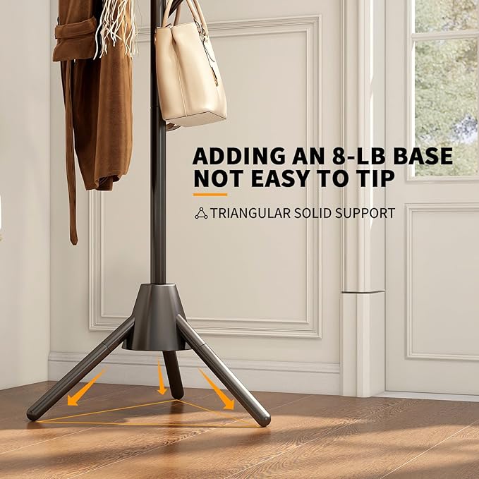 Anti-Tip Coat Rack with 8LB Weighted Base, Heavy Duty Metal Coat Rack Freestanding with 8 Hooks, 3 Adjustable Height Sturdy Clothes Rack Space Saving Organizer Stand for Entryway, Bedroom, Office