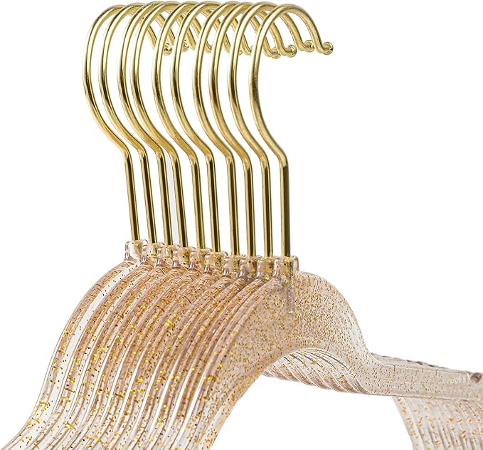 Clear Acrylic Plastic Hangers for Clothes for Adult Closet Heavy Duty Hangers Space Saving 360 Degree Swivel Hook and Notches (50, Gold/Gold Glitter)