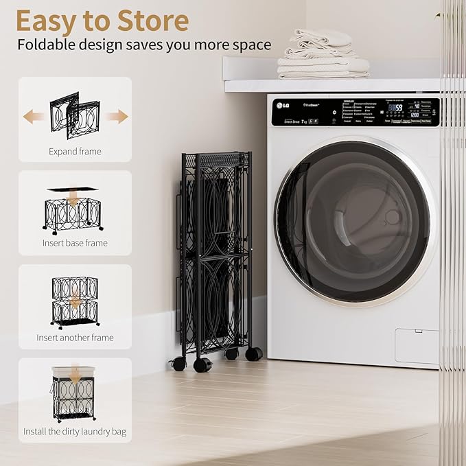VIPLEO Laundry Hamper with 2 Section, Large 105L Rolling Laundry Basket with Wheels, Metal Heavy Duty Laundry Hamper with Detachable Bags, Dirty Clothes Hamper Organizer for Bedroom, Bathroom(Beige)
