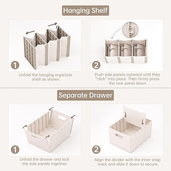 HAIXIN 3-Shelf Hanging Closet Organizer with 3 Removable Drawer & 6 Dividers, Plastic Hanging Shelves Foldable Closet Organizer and Storage Drawer for Bedroom, Wardrobe, Garment Racks, RVs