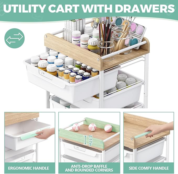 APEXCHASER Plastic Drawer Organizers with 5 Deep Drawers, Rolling Utility Cart with Wooden Top,Craft Storage Cart for Paperwork,Crafts,Snack,Kids’ Room,Nursery,White