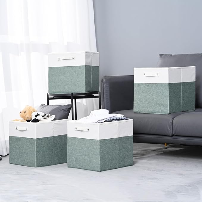 13 x 13 Inch Fine Linen Storage Bins with Handles，Fabric Cube Boxs，Basket Organizers for Shelves for Home, Closet Drawers (White/Green-4 Pack )
