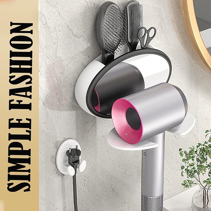 Foldable Hair Dryer Holder Wall Mount,Hair Blow Dryer Rack with Mirror,Adhesive Hair Dryer Storage,Hair Tool Organizer for Curling Iron,White Hair Dryer Support and Hair Dryer Shelf