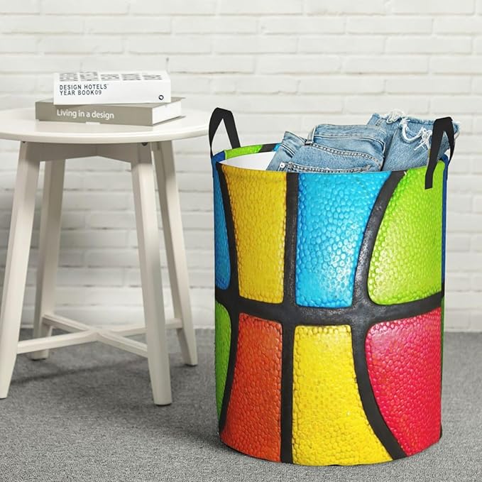 Basketball Texture Colorful Round Laundry Hamper Sport Ball Storage Basket Toys Clothes Organizer Bin For Home Bathroom Bedroom Dorm Nursery, 38l