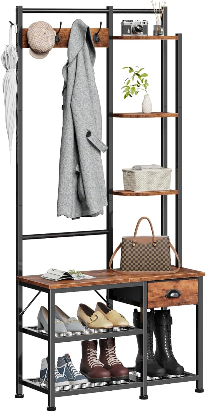 Furologee Coat Rack, Hall Tree with Bench and Shoe Storage, 4 in 1 Entryway Bench, Coat Rack with 3 Shelves and Drawer, Entryway Organizer with 5 Hooks for Hanging, Rustic Brown