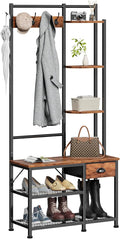 Furologee Coat Rack, Hall Tree with Bench and Shoe Storage, 4 in 1 Entryway Bench, Coat Rack with 3 Shelves and Drawer, Entryway Organizer with 5 Hooks for Hanging, Rustic Brown