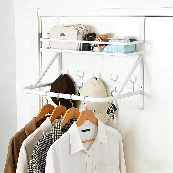 Over The Door Clothes Hanger, Metal Over The Door Hangers for Clothes with 7 Hooks1 Storage Basket For Clothing Hanger Drying Racks for Laundry, Bedroom, Washroom wait（white）