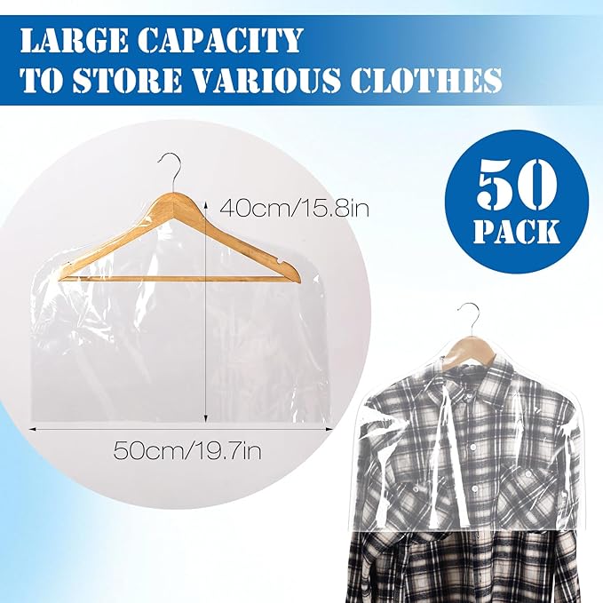 Chumia 50 Pieces Clear Shoulder Cover for Clothes Closet Bulk, Plastic Hanger Covers for Hanging Clothes Shoulder Garment Dust Cover Protectors for Men Women Suit Coats Jackets Dress (19.7'' X 15.8")
