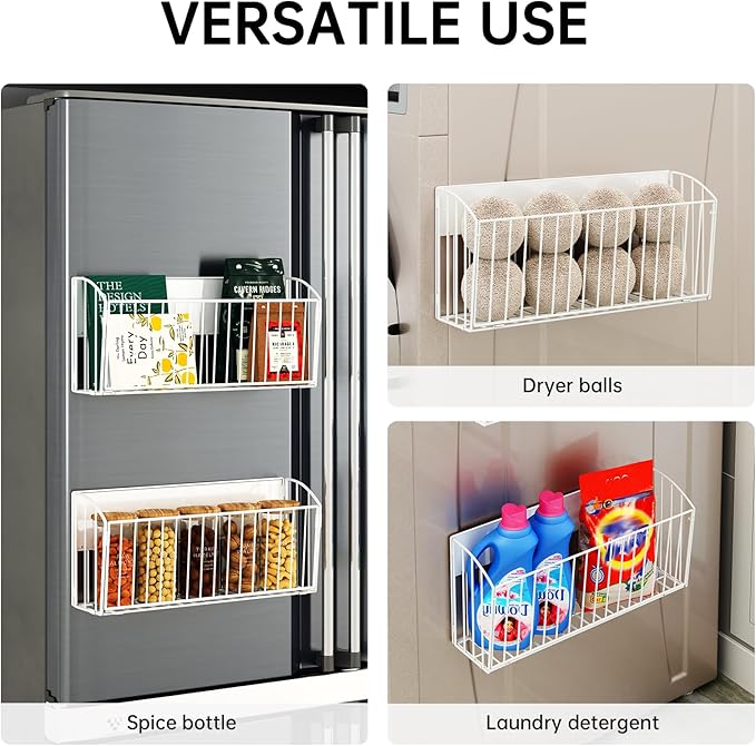 Magnetic Wool Dryer Ball Holder, Magnetic Basket for Laundry Detergent, Magnetic Shelves for Side of Washer Dryer Refrigerator, Laundry Room Organization and Storage (White, L14.96'', W4.41'', H7.2'')