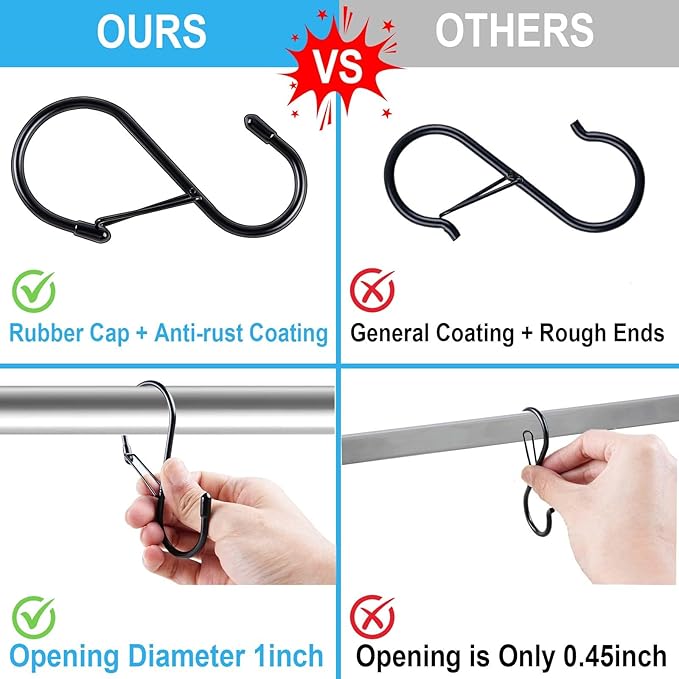 S Hooks for Hanging Plants, 4 Inch Large Heavy Duty S Hooks with Safety Buckle & Stopper Non Slip, 10 Pack Black Metal Closet S Hook for Hanging Clothes, Kitchen Utensil, Jeans, Curtains, Towels, Bag