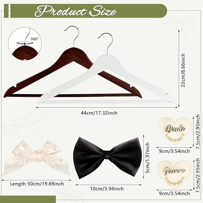 party greeting 2 Pack Wedding Hanger Bride and Groom Hangers with Tags Elegant Wooden Wedding Dress Hanger Wedding Day Gift Bow Tie Bridesmaid Hangers for Bridal Party & Shower (White and Brown)